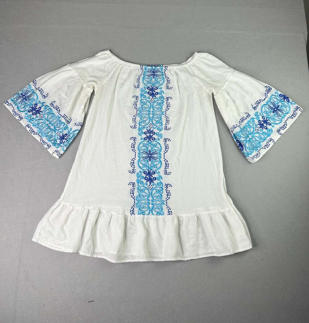 Nightcap by Carisa Rene White Blue Embroidered Off-Shoulder Boho Mini Dress sz 3